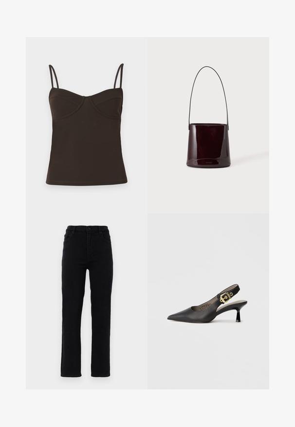 CLOSED Top - marsh green; Sorte jeans i denim med lige ben, en mellemhøj talje og fem lommer. Har en frontlukning med knap og bæltestropper.; Sort slingback højhælt sko med spids tå, glat læderstruktur og en guldfarvet spændeaccent på remmen.; Mørkebrun blank spandtaske med lang tynd rem og minimal synlig syning på en lys baggrund.