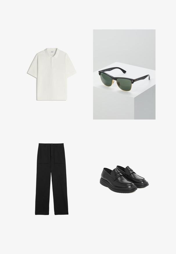 Hvid kortærmet polo-shirt med to-knaps lukning og klassisk krave, lagt fladt på en hvid baggrund.; Sorte bukser med vide ben lavet af tekstureret stof med høj talje og to forlommer. Har en topknap og lynlåslukning.; Sorte læder loafers med en rund tå, syet detaljer og en platform gummisål. Har en dekorativ rem tværs over vamps.; Ray-Ban solbriller med grønne linser, sorte plastikstel og gyldne detaljer ved kanterne. Firkantet form med mat finish.