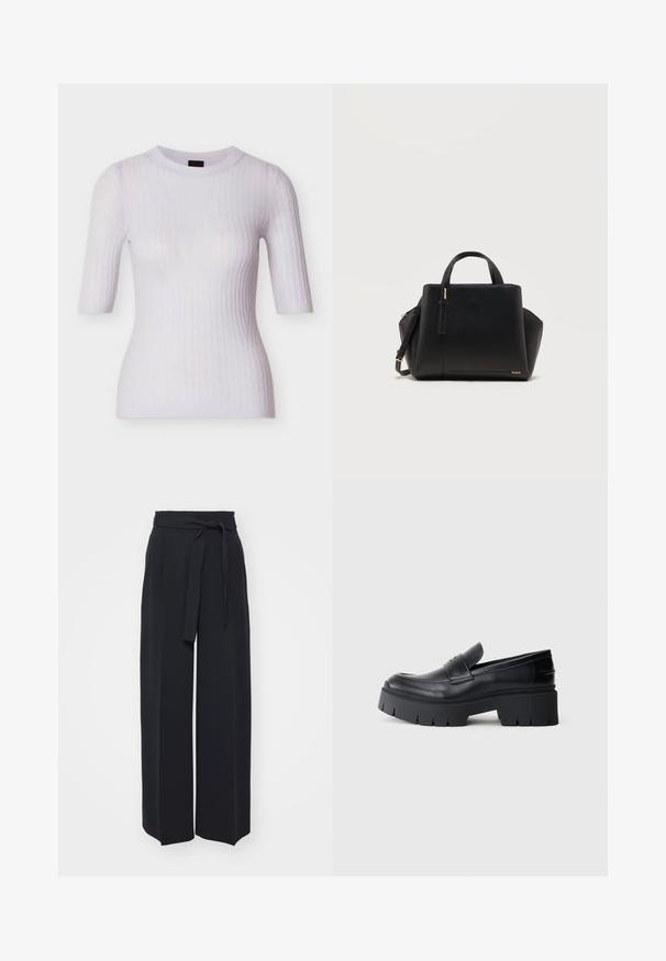 Valkoinen ribbikuvioitu toppi, jossa pyöreä pääntie ja lyhyet hihat, valmistettu pehmeästä, hieman läpikuultavasta kankaasta. Istuu vartalonmyötäisesti.; Leveled black trousers made of soft fabric. Features a belted waistband and front pleats. Smooth texture with a clean, contemporary design.; Musta paksukyntinen loaferi, jossa on sileä nahkapinta, koristeellinen remmi ja paksu teksturoitu pohja valkoista taustaa vasten.; Musta nahkainen käsilaukku, jossa on yläkahvat, säädettävä olkahihna, kultainen merkkilogo ja jäsennelty suorakaiteen muoto valkoisella taustalla.
