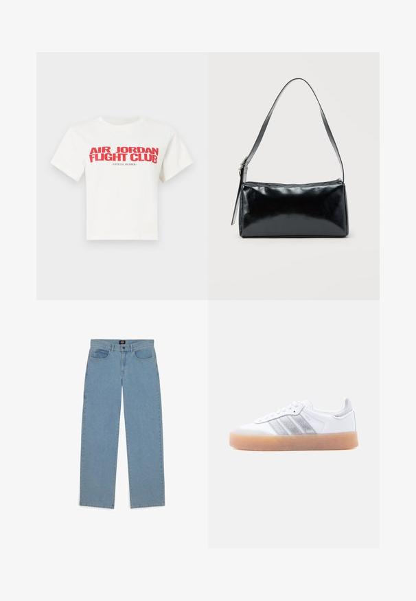 Hvid bomulds t-shirt med fed rød tekst: "AIR JORDAN FIGHT CLUB" og "OFFICIAL MEMBER". Korte ærmer og klassisk rund halsudskæring.; Lysblå jeans, løs pasform, denimstof, fem-lomme design, knaplukning, lige ben, synligt syninger, ingen mønstre eller accenter.; Hvid lavtop-sneaker med gum-gummisål, sølvstribede sideaccents og snørelukning, vist mod en ensfarvet lys baggrund.; Sort rektangulær skuldertaske med en enkelt justerbar rem og lynlås i toppen på en ensfarvet baggrund.