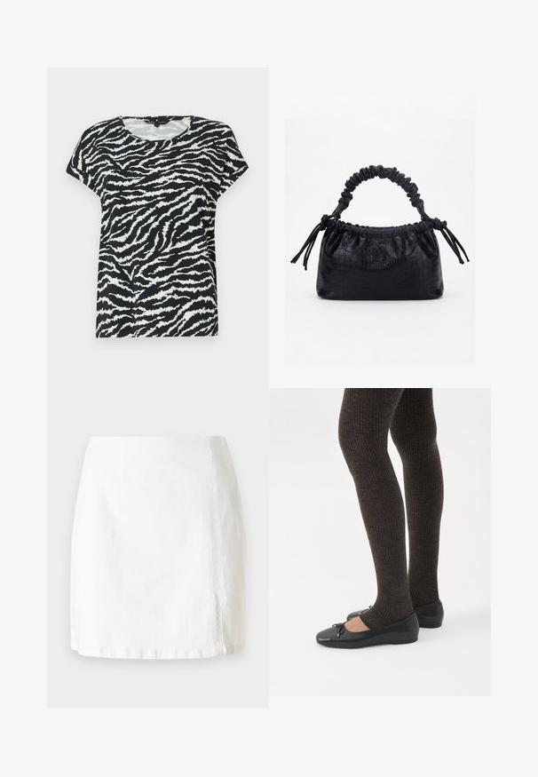 Zwart-wit T-shirt met korte mouwen featuring een zebrapatroon, ronde halslijn en zachte textuur. Casual pasvorm en comfortabel ontwerp.; Witte denim mini-jurk met een rechte snit, voorzien van een kleine zijsplit en schone stiksels voor een minimalistisch ontwerp.; Benen met donkere geribbelde leggings gecombineerd met zwarte ballerina's met kleine strikdetails op een witte achtergrond.; Zwarte handtas met krokodillenstructuur, geplooide bovenrand, samengevoerde handgreep en koordtassels aan elke kant tegen een witte achtergrond.