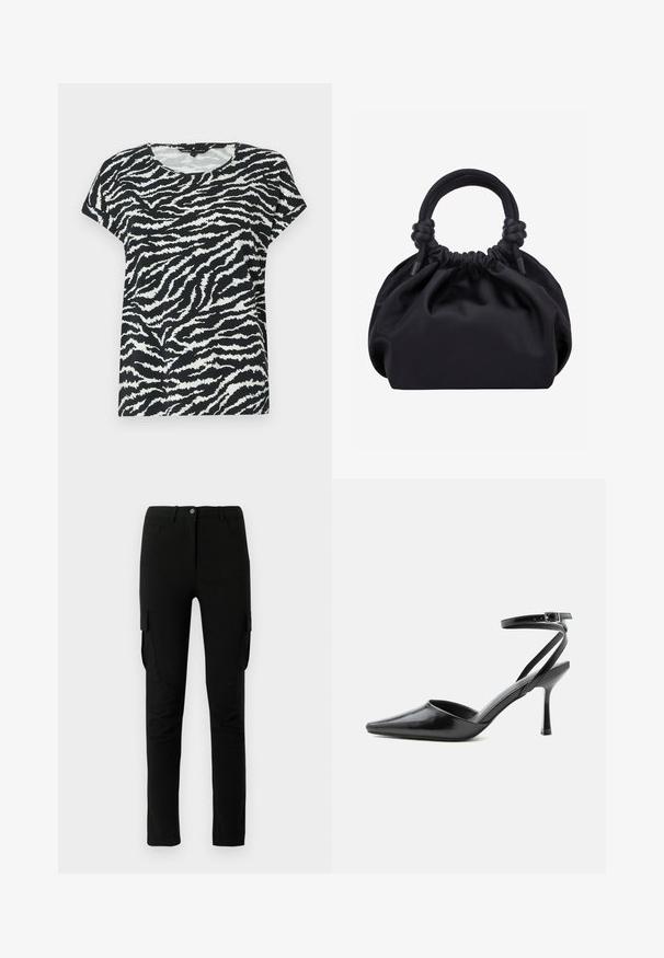 Zwart-wit T-shirt met korte mouwen featuring een zebrapatroon, ronde halslijn en zachte textuur. Casual pasvorm en comfortabel ontwerp.; Zwarte cargobroek met een slim fit, voorzien van zijzakken, een knoopsluiting en een gladde, licht gestructureerde stof.; Zwarte pumps met puntige neus, dunne enkelbandjes en een zilveren gesp op een effen lichte achtergrond.; Zwarte zachte stoffen handtas met geplooide bovenkant en ronde gewatteerde handvatten, vastgeknoopt aan elke kant.