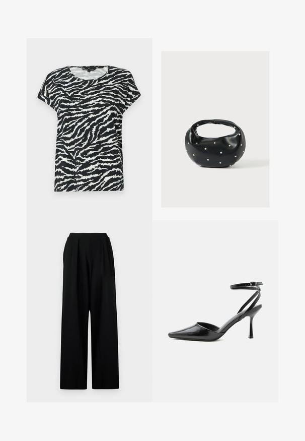 Zwart-wit T-shirt met korte mouwen featuring een zebrapatroon, ronde halslijn en zachte textuur. Casual pasvorm en comfortabel ontwerp.; Zwarte wijde broek met hoge taille, voorzien van voorplooien en een gladde, gestructureerde stof. Geen zichtbare zakken of versieringen.; Zwarte pumps met puntige neus, dunne enkelbandjes en een zilveren gesp op een effen lichte achtergrond.; Zwarte leren handtas met een afgeronde vorm, versierd met zilveren studs, en een korte handgreep. Gladde textuur en ritsluiting.