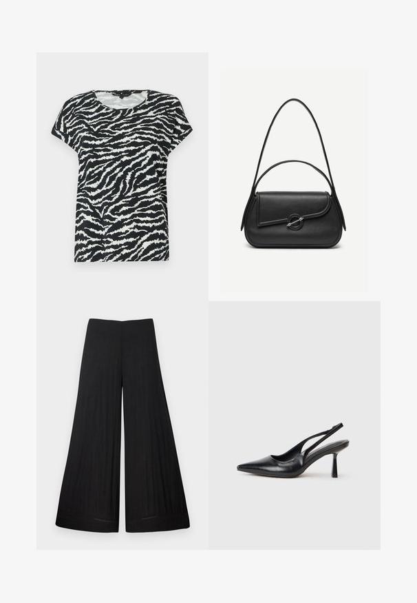 T-shirt à manches courtes noir et blanc avec un motif rayé zèbre, col ronde et texture douce. Coupe décontractée et design confortable.; Pantalon noir à larges jambes en tissu léger. Il possède une taille plate et un matériau fluide, avec peu de détails de couture.; Chaussure à talon haut en cuir noir, à bride arrière, avec un bout pointu et un talon fin sur fond blanc.; Sac à main en cuir noir avec bords arrondis, rabat asymétrique, fermoir circulaire en métal, et des bandoulières courtes et longues.
