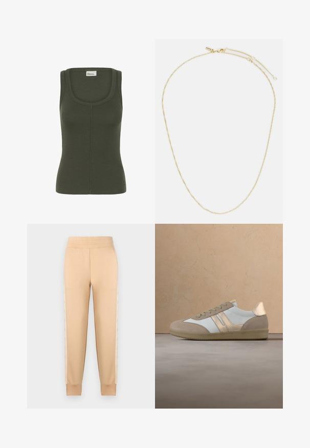 Camiseta sin mangas acanalada en verde oliva con escote cuadrado y costura central en la parte delantera, etiqueta que dice "Mi armario esencial".; Pantalones de chándal beige con una textura suave, que presentan un diseño tapered, cintura elástica y paneles laterales estampados.; Zapatilla deportiva con esquema de colores crema y beige, materiales de cuero y ante, suela texturizada y cordones, con un diseño simplificado y deportivo.; Collar de color dorado con un diseño de cadena retorcida, que presenta un pequeño cierre y una longitud ajustable con una etiqueta.