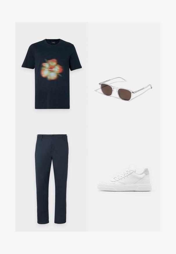 Marineblauwe katoenen t-shirt met een vervaagde bloemenprint en de tekst "LYLE AND SCOTT" gecentreerd onder het ontwerp. Korte mouwen, ronde hals.; Marineblauwe katoenen broek met een rechte pasvorm, zijzakken, knoopsluiting en riemlussen. Glad textuur zonder zichtbare patronen.; Witte leren sneakers met een gladde afwerking, ronde neus, platte veters en een gestructureerde zool. Grijze suède accent bij de hiel.; Heldere plastic zonnebril met rechthoekige bruine lenzen, voorzien van dunne, doorzichtige veren en metalen accenten op de sleep.