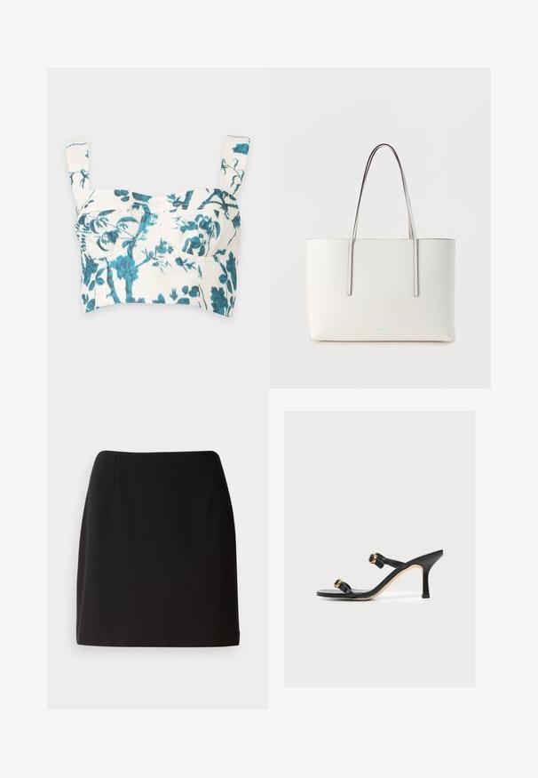 Wit cropped tanktop met blauw bloemenprint en brede schouderbanden, gestructureerde borstpartij met zichtbare stiksels.; Zwarte rok met een getailleerde silhouette, gemaakt van een gladde stof. Voorzien van subtiele plooien aan de voorkant en een ontwerp tot halverwege de dijen.; Zwarte sandaal met hak met twee dunne bandjes met gouden ronde gespen, een puntige hoge hak en een beige rand aan de zool.; Witte draagtasje met lange, slanke handvaten. Gemaakt van glad materiaal, met een minimalistisch ontwerp en subtiele stikdetails.