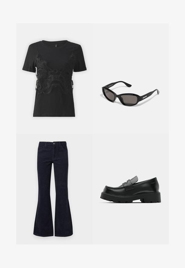ONLY ONLJENNY LIFE - Camiseta estampada - black; Pantalones de pana azul oscuro de corte acampanado con cintura alta, cinco bolsillos y cierre de botón, presentan una textura suave y un patrón de superficie acanalado.; Mocasines de cuero negro con suela gruesa y texturizada, que presentan una correa sobre el empeine y un acabado suave y pulido.; Gafas de sol negras con montura rectangular, lentes oscuros, material de plástico suave y un acento metálico en la patilla.