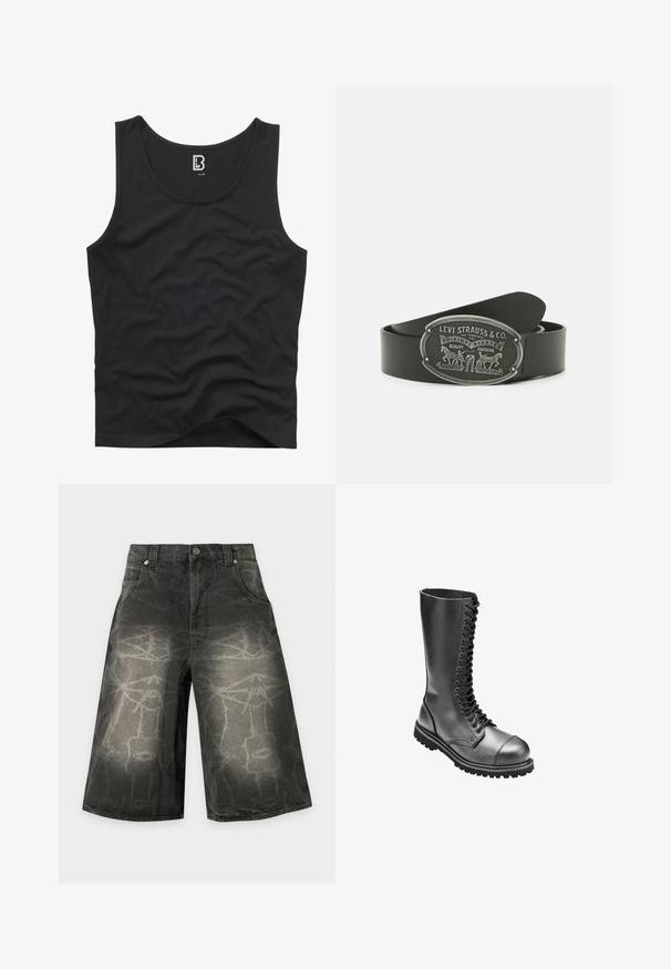 Zwarte tanktop van gladde stof, met een ronde halslijn en armsgaten, met een effen ontwerp en zonder zichtbare patronen of accenten.; Zwarte denimshorts met wijde pijpen en vervaagde abstracte lijnpatronen, voorste knoop, riemlussen en zijzakken.; Zwarte leren veterlaarzen met een hoge schacht, ronde neus, gewatteerde kraag en een geprofileerde rubberen zool voor betere grip.; Zwarte leren riem met een zilveren ovale gesp, versierd met reliëfillustraties en tekst, waaronder een paardenmotief en de merknaam.