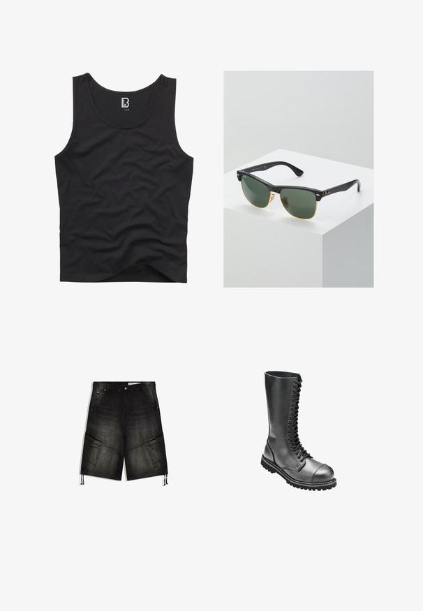 Zwarte tanktop van gladde stof, met een ronde halslijn en armsgaten, met een effen ontwerp en zonder zichtbare patronen of accenten.; Zwarte denim cargoshorts met voorzakken, zijflapzakken, riemlussen, knoopsluiting en verstelbare trekkoorden aan de zoom.; Zwarte leren veterlaarzen met een hoge schacht, ronde neus, gewatteerde kraag en een geprofileerde rubberen zool voor betere grip.; Ray-Ban zonnebrillen met groene lenzen, zwarte plastic monturen en gouden accenten aan de randen. Vierkante vorm met een matte afwerking.