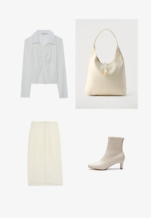 Haut blanc à manches longues avec col, présentant un détail de fronces au centre et une texture côtelée. Fabriqué dans un tissu doux et léger.; Jupe longue en ivoire en tissu texturé, présentant un design droit et une couture au dos centrée. Aucun matériel visible ni motifs.; Bottine blanche en cuir lisse avec un bout pointu et un talon court et effilé. Présente un design minimaliste et un empeigne sans coutures.; Sac hobo en cuir couleur crème avec une seule bandoulière, texture lisse et un détail de fermoir doré à l'avant.