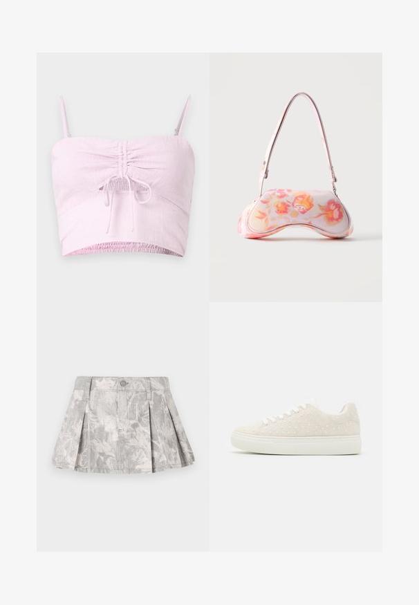 Lys pink cropped top med justerbare spaghetti-stropper, samlet frontdetalje og elastisk kant. Struktureret stof tilføjer blødhed.; Grå denimnederdel med plisseringer, med et subtilt bladmønster i lysere nuancer. Klassisk snit med taljebånd og metalknaplukning.; Beige sneakers med tekstureret overflade, pyntet med små hvide perler, flad hvid gummisål og snørebånd design. Enkel, rund form.; Lille håndtaske med en buet form med et pink og orange blomsterprint og en enkelt skulderrem mod en ensfarvet baggrund.