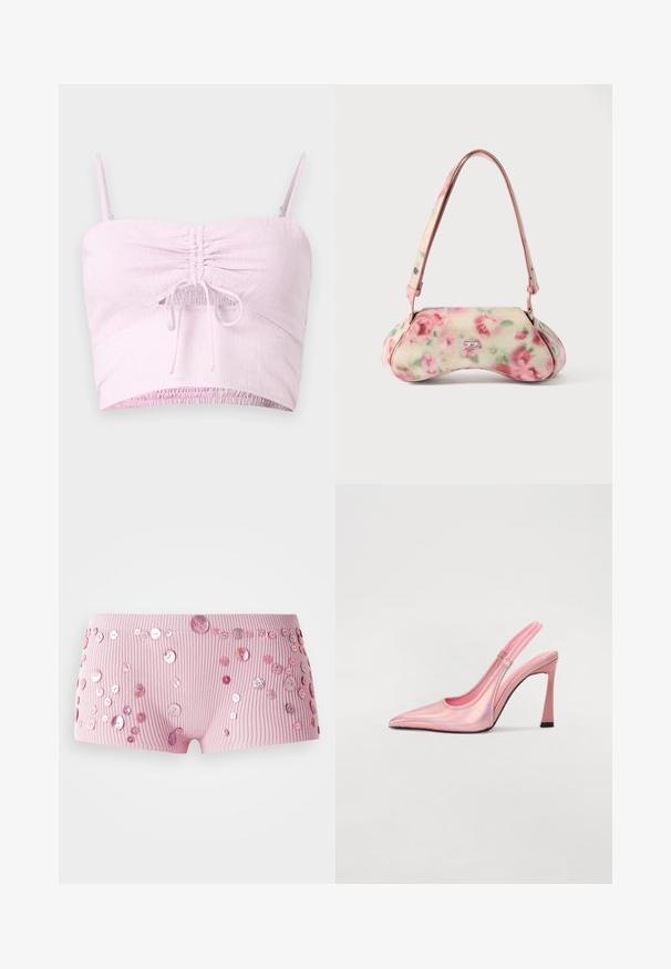 Lys pink cropped top med justerbare spaghetti-stropper, samlet frontdetalje og elastisk kant. Struktureret stof tilføjer blødhed.; Lyserøde ribbede shorts prydet med forskellige størrelser af skinnende lyserøde knapper spredt over stoffet.; Rosa slingback pumpe lavet af iriserende materiale med spids tå, slank hæl og elastisk rem for pasform. Glat tekstur med blank finish.; Håndtaske med blomstermønster og buet form, primært cremefarvet med pink roser, med en pink rem og en sølvfarvet logo-detalje. Glat tekstur.