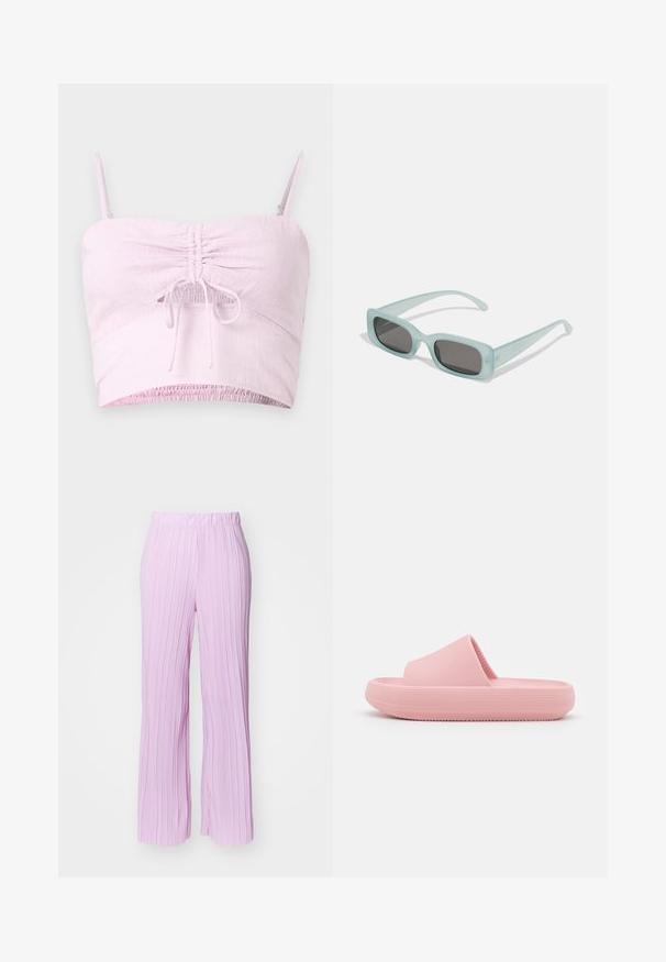 Svetloružový crop top s nastaviteľnými ramienkami, s prehnutým predným detailom a elastickým lemom. Textúrovaná látka pridáva mäkkosť.; Svetloružové, plisované nohavice s širokým strihom a elastickým pásom, s vertikálnou textúrou a hladkým povrchom.; Ružové nazúvacie sandále s textúrovaným vrchným dielom a hrubou podrážkou. Dizajn obsahuje jemný ryhovaný vzor a plochú vložku.; Párik obdĺžnikových slnečných okuliarov s svetlomodrými priehľadnými rámami a tmavosivými sklami, s rovnými stranami a minimálnymi hardvérovými detailmi.