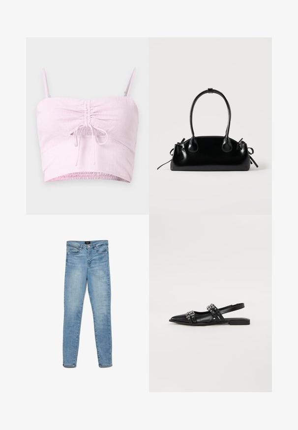 Svetloružový crop top s nastaviteľnými ramienkami, s prehnutým predným detailom a elastickým lemom. Textúrovaná látka pridáva mäkkosť.; Svetlomodré vyblednuté skinny džínsy s prednými gombíkmi a dizajnom s piatimi vreckami uložené na bielom pozadí.; Even&Odd by Zalando Balerínky na šnúrky - black; Malá čierna lesklá kabelka s dvoma dlhými rúčkami a bočnými šnúrkovými detailmi na jednoduchom svetlom pozadí.