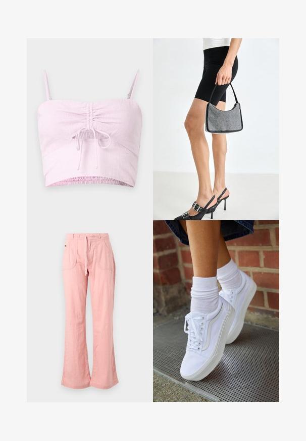 Svetloružový crop top s nastaviteľnými ramienkami, s prehnutým predným detailom a elastickým lemom. Textúrovaná látka pridáva mäkkosť.; Svetloružové široké nohavice vyrobené z príjemného materiálu, s nastaviteľným pásom, dvoma prednými vreckami a textúrovaným povrchom.; Biele plátené tenisky s gumovou podrážkou, s piatimi dierkami na šnúrky, okrúhlou špičkou a svetlými švami, doplnené o biele členkové ponožky.; Čierna korálková kabelka s zakriveným siluetom, nosnou rukoväťou a lesklou textúrou. Nosená s vysokými čiernymi topánkami na opätku a priliehavými čiernymi šortkami.