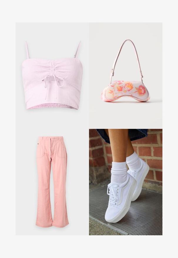 Svetloružový crop top s nastaviteľnými ramienkami, s prehnutým predným detailom a elastickým lemom. Textúrovaná látka pridáva mäkkosť.; Svetloružové široké nohavice vyrobené z príjemného materiálu, s nastaviteľným pásom, dvoma prednými vreckami a textúrovaným povrchom.; Biele plátené tenisky s gumovou podrážkou, s piatimi dierkami na šnúrky, okrúhlou špičkou a svetlými švami, doplnené o biele členkové ponožky.; Malá kabelka s oblým tvarom, zdobená ružovo-oranžovým kvetinovým vzorom a jedným ramenným remienkom na jednoliatom pozadí.