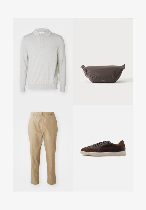 NN.07 EMERSON - Poloshirts - white pepper; Beige chinos i en glat bomuldsblanding med en slim fit, flad front, bæltestropper og en simpel sølvspænde i et minimalistisk design.; Lavtop brune læder- og ruskindsneakers med mørkebrune snørebånd og en hvid gummisål set fra ydersiden.; Mørkebrun stof talje taske med diagonalt lynlåslomme og lille hvidt logo på fronten, sat mod en ensfarvet lys baggrund.