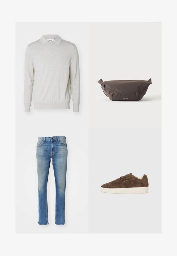 NN.07 EMERSON - Poloshirt - white pepper; Lichtblauwe spijkerbroek met een rechte snit, voorzien van een ritssluiting, vijf zakken en een licht vervaagde textuur.; Bruine suedeleren sneakers met een laag profiel, ronde neus en een witte rubberen buitenzool. Voorzien van donkere veters en subtiele branding aan de zijkant.; Donkerbruine stoffen heuptas met diagonale ritssluiting en klein wit logo aan de voorkant, tegen een effen lichte achtergrond.