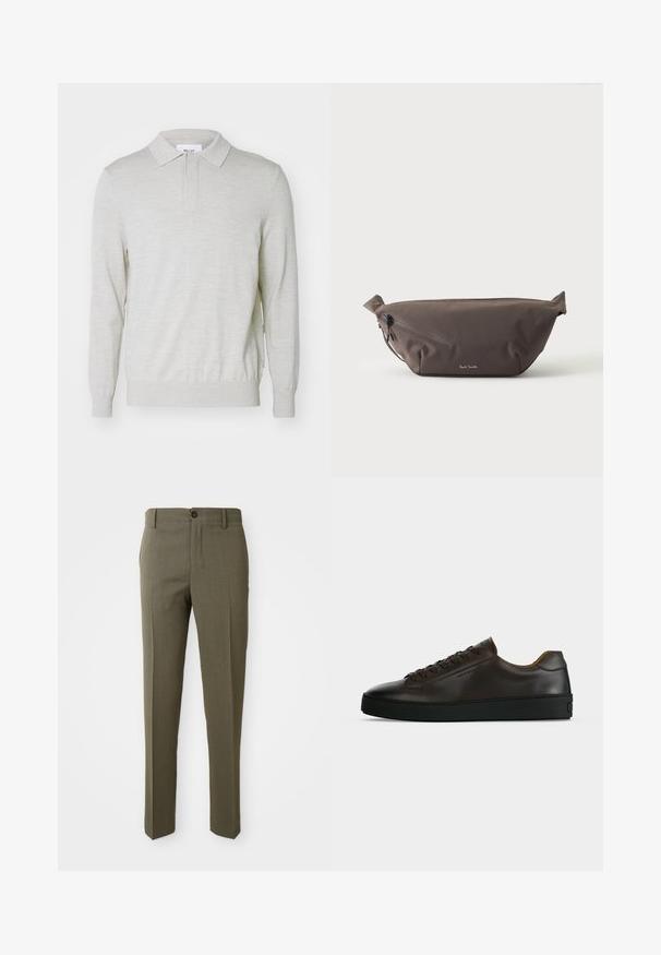 NN.07 EMERSON - Poloshirts - white pepper; Olivengrønne skræddersyede bukser med en glat overflade, lige bendesign, enkelt foretrukket knap og sidelommer for funktionalitet.; Lavprofil mørkebrune lædersneaker med sort gummisål, snørelukning foran og glat minimalistisk design på lys baggrund.; Mørkebrun stof talje taske med diagonalt lynlåslomme og lille hvidt logo på fronten, sat mod en ensfarvet lys baggrund.
