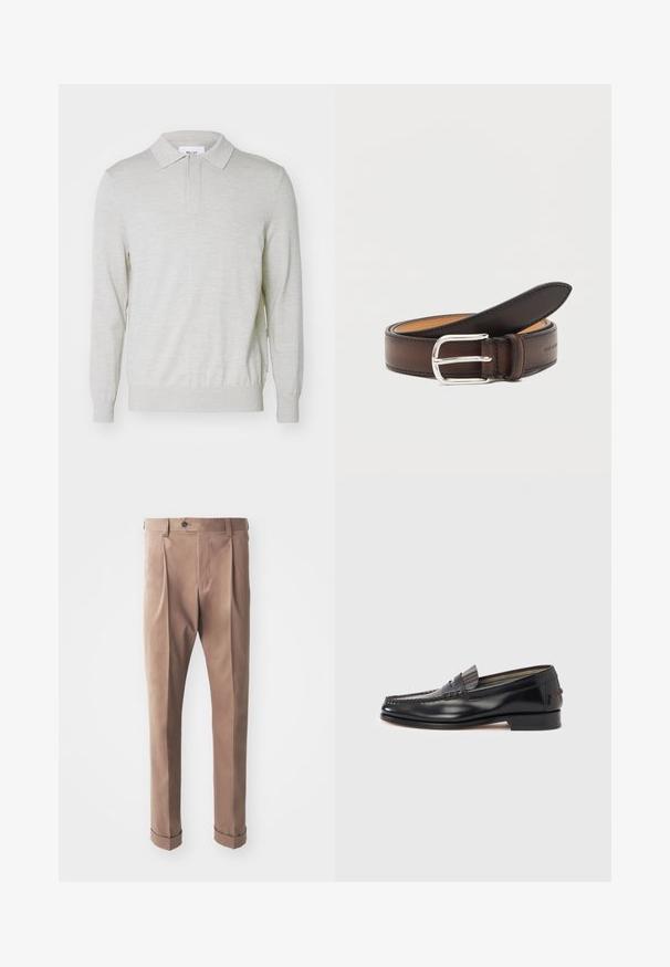 NN.07 EMERSON - Poloshirts - white pepper; Khaki bukser lavet af struktureret stof, med høj talje, lynlås, og optrukne manchetter, samt en enkelt knaplukning i taljen.; Sorte læderloafers med moccasin-design, der har en dekorativ bånd og syningsdetaljer på overdelen. Lav blokhæl.; Mørkebrun læderbælte rullet sammen med sølv rektangulært spænde på hvid baggrund.