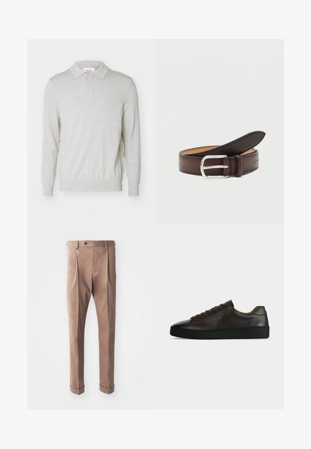 NN.07 EMERSON - Poloshirt - white pepper; Khakibroek gemaakt van textuurstof, met een hoge taille, plooien en opgerolde manchetten, met een enkele knoopsluiting bij de tailleband.; Low-profile donkerbruine leren sneaker met zwarte rubberen zool, veters aan de voorkant en een strak minimalistisch design op een lichte achtergrond.; Donkerbruine leren riem opgerold met zilveren rechthoekige gesp op een witte achtergrond.