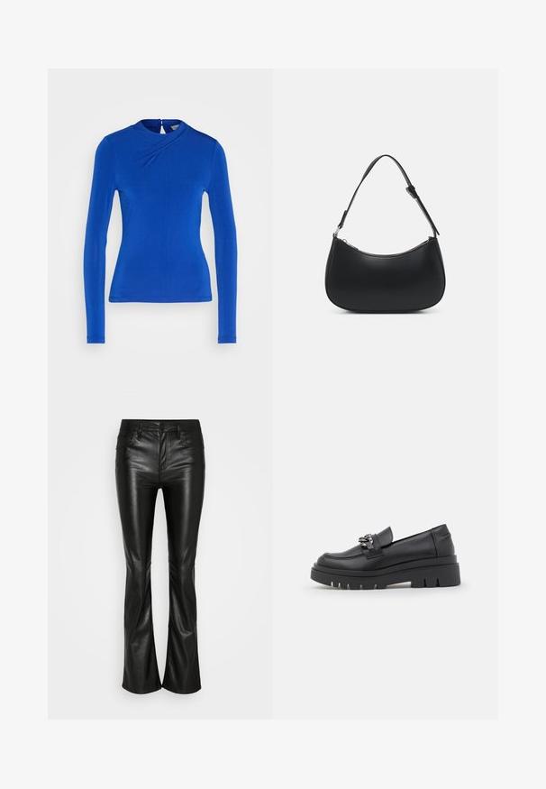 Blå langærmet top med høj halsudskæring, der har et twist-design foran og en knaplukning bagpå. Glat stofstruktur.; GAP BABY BOOT - Bukser - black; Sort loafersko med en kraftig platformsål, glat læderoverdel, dekorativ kædeaccent og let hæl med notched detalje.; Pieces PCALUANA SHOULDER BAG - Håndtasker - black