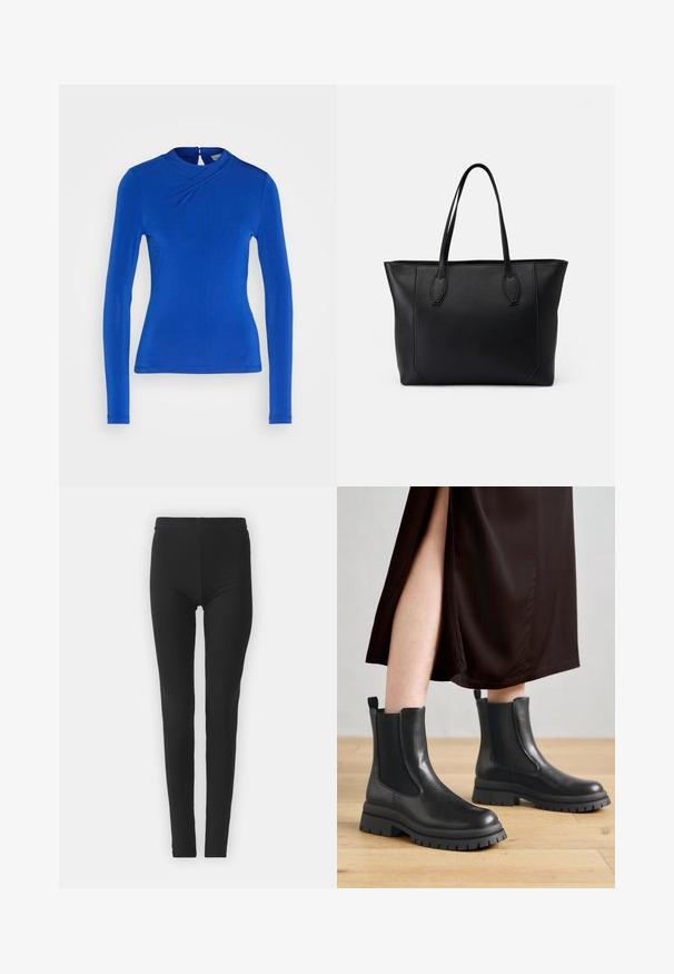 Blå langærmet top med høj halsudskæring, der har et twist-design foran og en knaplukning bagpå. Glat stofstruktur.; Sorte, strækbare leggings med en tætsiddende pasform, der har høj talje og en glat tekstur. Ingen synlige mønstre eller hardwaredetaljer.; Sorte læderankelstøvler med elastiske sidepaneler, chunky gummisåler og hæltrækstropper; kombineret med en mørkebrun midikjole.; Sort læder tote bag med to robuste håndtag, der har en glat tekstur, rektangulær form og diskrete syningsdetaljer langs kanterne.