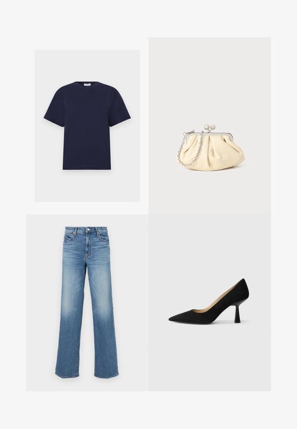 Mørkeblå T-shirt med korte ærmer og rund hals, med lige kant forneden og et lille hvidt mærke med brandnavn på indersiden af halsudskæringen.; Mother MID RISE TUNNEL VISION SNEAK SUPERIOR - Jeans Relaxed Fit - blue denim; Sorte ruskinds højhælede pumps med spids tå, der har en blank sort blokhæl og en glat indvendig foring.; Plisseret beige læderclutch med en sølvmetalramme, der har to runde dekorative låse og en sølvkædetrasporte.