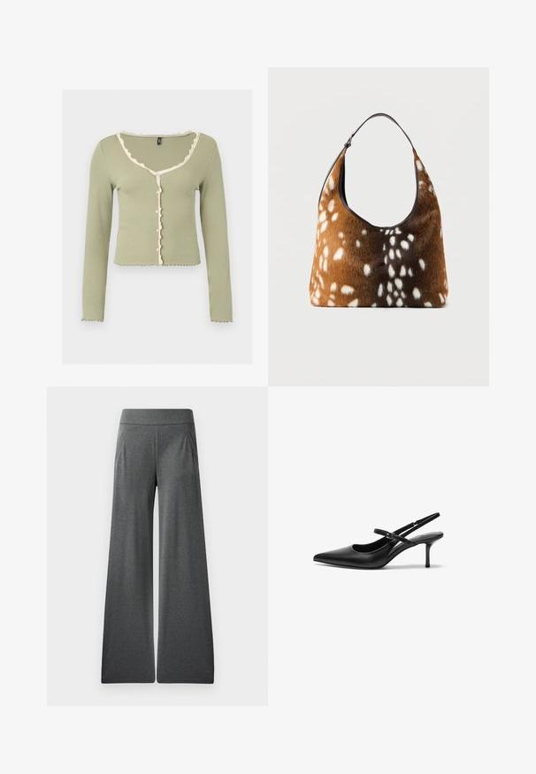 Cardigan côtelé vert clair à manches longues avec bordure volantée blanche le long de l'encolure, de la patte de boutonnage et des poignets, boutonné devant.; Pantalons larges gris avec une taille plate, des plis à l'avant et une texture lisse, conçus pour le confort et la liberté de mouvement.; Talons aiguilles noires en cuir avec un bout pointu, une fine bride réglable, et un talon aiguille d'environ 5 cm, texture lisse.; Sac à main marron et noir avec une texture en fourrure blanche tachetée, doté d'une seule bandoulière noire, sur un fond uni.