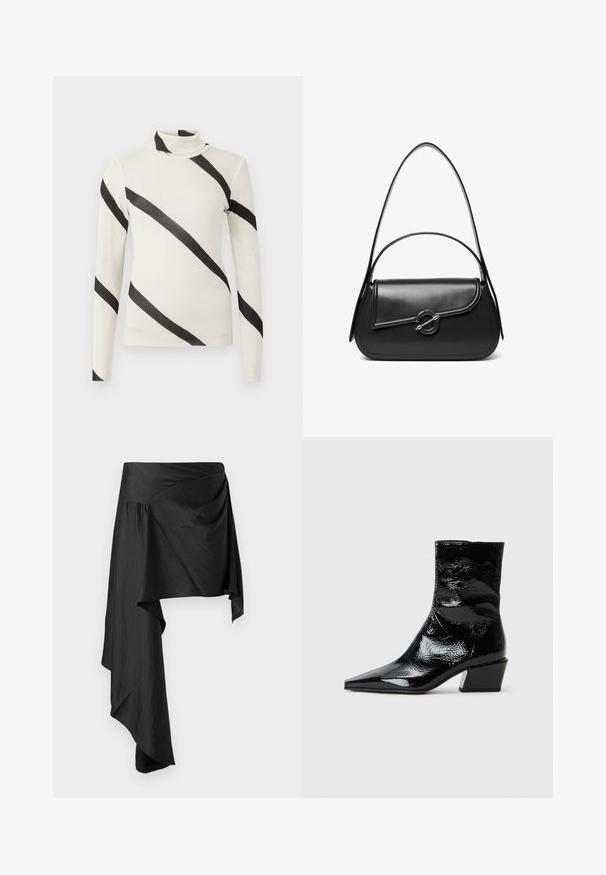 Langærmet turtleneck skjorte i creme med brede sorte diagonale striber, lavet af et let og glat stof. Tætsiddende design, uden synlige lukninger.; Sort omslagskørt lavet af glat, letvægtsstof. Har en asymmetrisk kant og sammensat detaljering i taljen for en flydende silhuet.; Sorte lakerede ankelstøvler med spids tå, struktureret overflade og kraftig blokhæl. Elegant design med en glat, blank overflade.; Sort skuldertaske i læder med en buet klap, der er fastgjort med en rund metal spænde, og en slank, justerbar rem.
