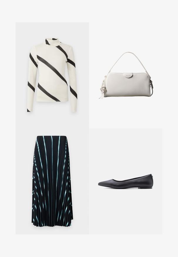 Langærmet turtleneck skjorte i creme med brede sorte diagonale striber, lavet af et let og glat stof. Tætsiddende design, uden synlige lukninger.; Sort plisseret nederdel med lyseblå diagonale striber. Lavet af letvægts, struktureret stof. Falder til midt på læggen uden synlige lukninger.; Sort flad lædersko med spidst tåparti og lav hæl, vist i sideprofil mod en hvid baggrund.; Hvid rektangulær Calvin Klein håndtaske med enkelt håndtag, minimalistisk design og dekorative kvaster med geometrisk metalvedhæng på siden.