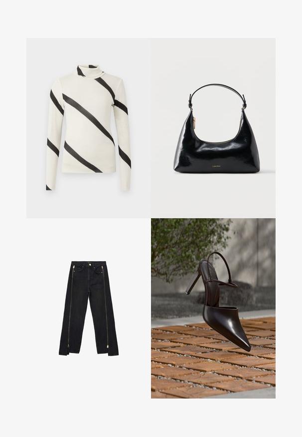 Langærmet turtleneck skjorte i creme med brede sorte diagonale striber, lavet af et let og glat stof. Tætsiddende design, uden synlige lukninger.; Sorte denimjeans med lige ben-design, der har guld lynlåse langs siderne og almindelige lommer ved taljen.; Blank højhælet mule med spids tå og ankelrem, svævende over en terracottaflisebelagt overflade med grusfyldte mellemrum.; Sort blank Calvin Klein håndtaske med gyldent lynlås og kort rem mod en ensfarvet hvid baggrund.