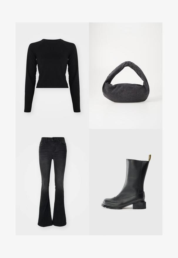 Sort langærmet crop top med rund hals og raglanærmer. Glat tekstur, minimalistisk design og ingen synlige mønstre eller hardware.; Sorte bell-bottom jeans lavet af denim, med en høj talje, frontlommer, knaplukning og en ren finish ved kanten.; Sort læder ankelstøvle med blokhæl, glat tekstur, rund tå og en hælflap med gul branding.; Mørkegrå stofpose med et buet håndtag, blød tekstur og rund form. Ingen synligt hardware eller pynt.