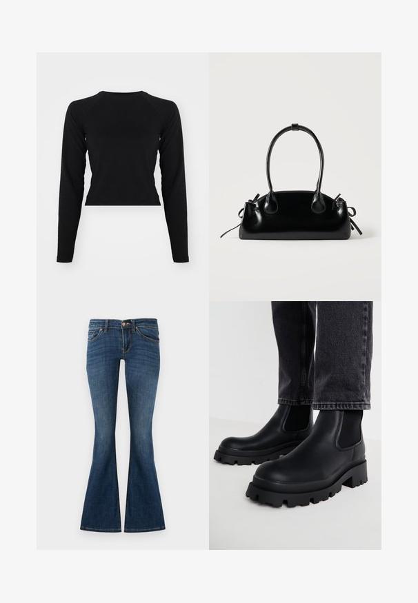 Sort langærmet crop top med rund hals og raglanærmer. Glat tekstur, minimalistisk design og ingen synlige mønstre eller hardware.; Mørkeblå trompetbukser lavet af denim, med fem-lomme design, bæltestropper og en lukning med knap fortil. Glat tekstur med minimal falming.; Sorte ankelstøvler med en kraftig sål, lavet af glat læder, med elastiske sidepaneler og en blokhæl, parret med mørke denimbukser.; Lille sort blank håndtaske med to lange håndtag og snøre-detaljer i siden på en ensfarvet lys baggrund.