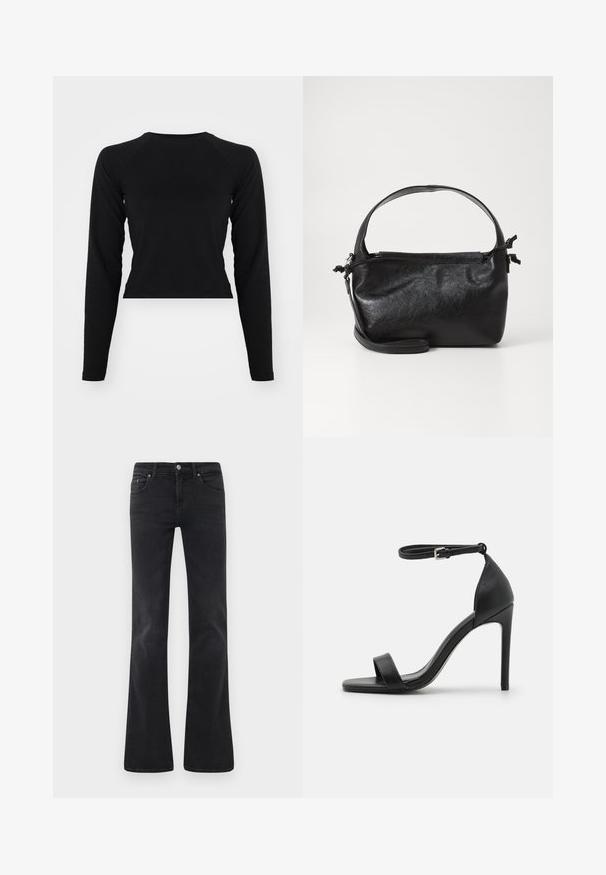 Čierny dlhý rukáv cropped top s okrúhlym výstrihom a raglánovými rukávmi. Hladká textúra, minimalistický dizajn a bez viditeľných vzorov alebo hardvéru.; Čierne rozšírené džínsy vyrobené z denimu, s klasickým dizajnom piatich vreciek, gombíkovým zapínaním a jemnými detailmi šitia.; Čierne sandále na vysokom opätku s elegantným dizajnom, obsahujúce popruh okolo členka, otvorenú špičku a hladký kožený povrch.; Čierna kožená kabelka so štruktúrovaným dizajnom, okrúhlym horným uchom a odnímateľným ramenným popruhom. Má hladkú textúru a jemný lesk.