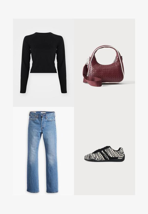 Schwarzes, langärmeliges Crop-Top mit rundem Halsausschnitt und Raglanärmel. Glatte Textur, minimalistisches Design und keine sichtbaren Muster oder Beschläge.; Blaue Jeans aus Denim mit geradem Bein, hoher Taille, klassischer Fünf-Taschen-Optik und auffälligen Verblassungen an den Oberschenkeln.; Schwarz-weißer Sneaker mit Schnürung, Zebramuster und texturierter schwarzer Sohle auf einem einfarbigen hellen Hintergrund.; Dunkelrote gewebte Ledertasche mit gebogenem Griff, weißem Besatz, silbernem Reißverschluss und abnehmbarem breitem Stoff-Schulterriemen vor einfarbigem Hintergrund.