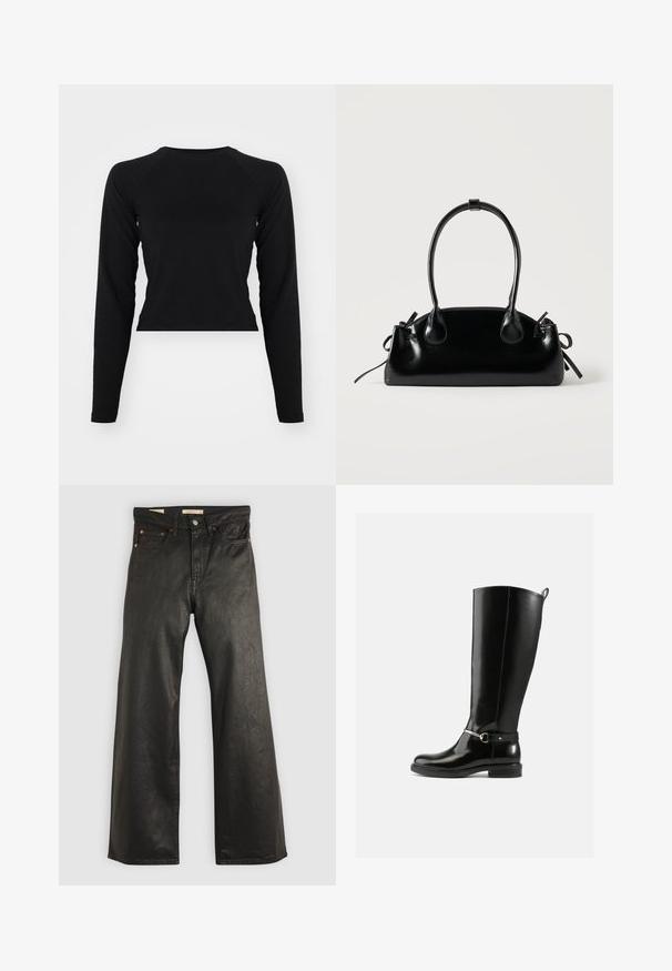 Čierny dlhý rukáv cropped top s okrúhlym výstrihom a raglánovými rukávmi. Hladká textúra, minimalistický dizajn a bez viditeľných vzorov alebo hardvéru.; Čierne džínsové nohavice s širokými nohavicami a hladkou textúrou, s piatimi vreckami a detailmi z medi. Klasické zapínanie na gombík.; Čierne vysoké čižmy po kolená z lesklej kože, s detailom striebornej pracke na členku a zaoblenou špičkou. Ploché podrážky.; Malá čierna lesklá kabelka s dvoma dlhými rúčkami a bočnými šnúrkovými detailmi na jednoduchom svetlom pozadí.