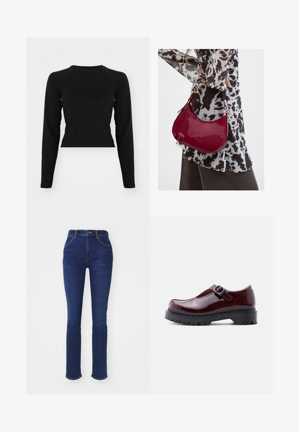 Čierny dlhý rukáv cropped top s okrúhlym výstrihom a raglánovými rukávmi. Hladká textúra, minimalistický dizajn a bez viditeľných vzorov alebo hardvéru.; Tmavomodré denimové džínsy, s vysokým pásom a úzkym strihom. Majú predné vrecká a zapínanie na gombík. Lem je mierne roztrhnutý.; Topánka z bordovej lakovanej kože s okrúhlou špičkou, nastaviteľnou prackou a hrubou čiernou podrážkou na platforme s ryhovaným povrchom.; Žena v čierno-bielom vzorovanom blúzke drží lesklú červenú kabelku cez rameno na jednofarebnom pozadí.