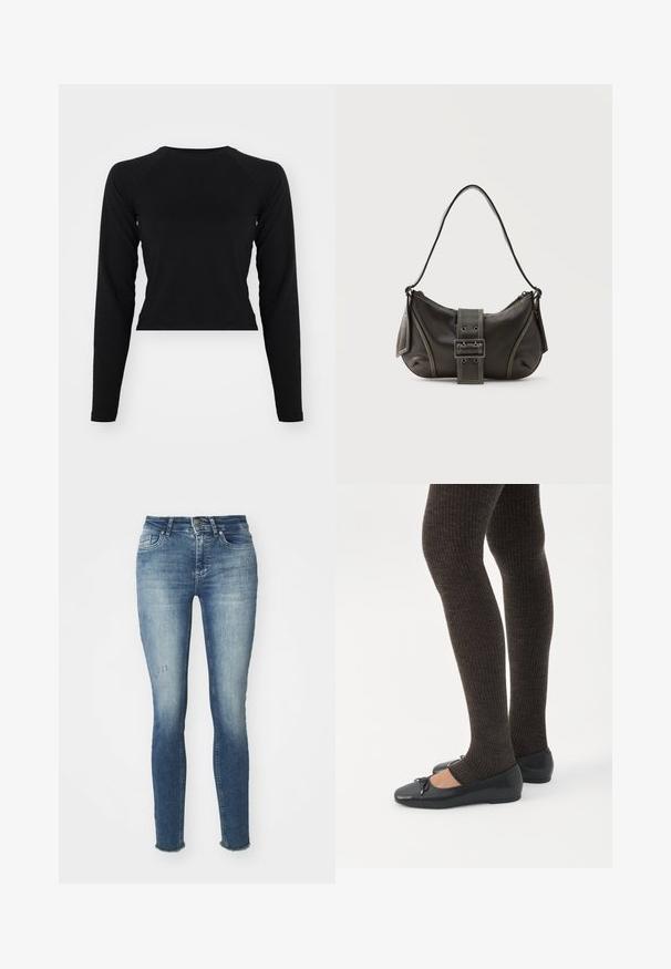 Čierny dlhý rukáv cropped top s okrúhlym výstrihom a raglánovými rukávmi. Hladká textúra, minimalistický dizajn a bez viditeľných vzorov alebo hardvéru.; Chudé modré džiny vyrobené z denimu, s vyblednutým umývaním, s miernym opotrebením vpredu a roztrhnutými lemami pri členkoch.; Nohy v tmavých pásikavých legínach v kombinácii s čiernymi balerínkami s malými mašličkami na bielom pozadí.; Čierna kožená kabelka cez rameno s detailom prackového popruhu, zaoblenými okrajmi a kontrastným bielym prešívaním na jednoduchom pozadí.
