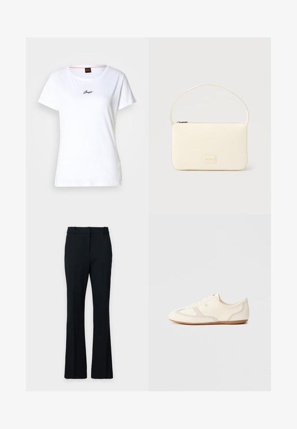 Camiseta blanca de algodón con mangas cortas y cuello redondeado. Presenta un logo "Boss" en cursiva y color negro en el frente. Diseño sencillo.; Pantalones de campana negros, hechos de una tela suave. Presentan un frente plano, pasadores para cinturón y un corte entallado que se ensancha gradualmente hacia el fondo.; Zapatillas de color crema con parte superior de ante y tela, puntera redondeada y suela de goma con un detalle en beige. Diseño con cordones.; Bolso rectangular color crema con una sola correa y cremallera superior, con una pequeña placa de logotipo en relieve en el frente.
