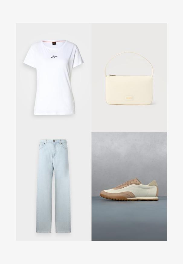 Hvid bomulds-T-shirt med korte ærmer og rund halsudskæring. Har en sort kursiv "Boss"-logo foran. Enkelt design.; Lyseblå vid jeans med høj talje, forlommer og knaplukning. Glat denimtekstur, minimal falmning, lige ben-design.; Sneaker i creme og beige med tekstureret overdel, snørebånd og gummisål, vist oven på en træoverflade med småsten.; Kremfarvet rektangulær håndtaske med en enkelt rem og lynlås øverst, med en lille præget logo-plakette foran.