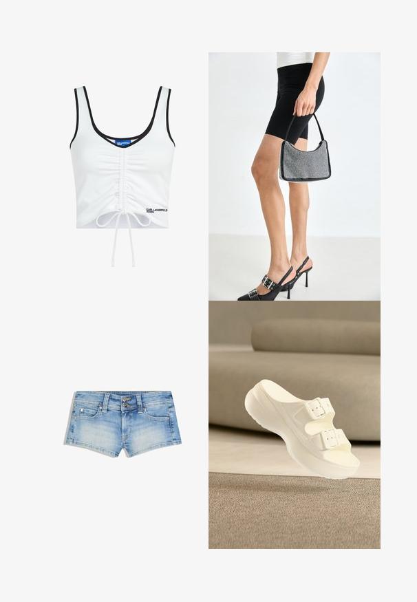 Crop top blanc sans manches avec bordure noire, devant froncé avec lien réglable, et logo "Karl Lagerfeld Jeans" en bas à droite.; Shorts en denim bleu clair avec un effet délavé, deux boutons à la taille, design à cinq poches et détails de surpiqûres contrastées.; Sandale blanche à enfiler avec deux boucles réglables et une semelle épaisse, placée devant un canapé beige sur un tapis texturé.; Sac à main à perles noires avec une silhouette courbée, une poignée de transport et une texture brillante. Porté avec des chaussures à talons hauts noires et un short noir ajusté.