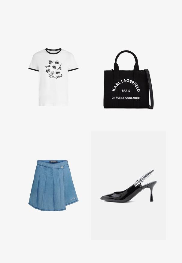 Witte katoen t-shirt met zwarte geribde kraag en mouwen; bevat verschillende zwarte schetsen, waaronder een kat, de Eiffeltoren en een zonnebril.; Denim rok in lichtblauw met geplooid ontwerp, metalen knoopsluiting en geborduurd detail aan de zoom. Gladde textuur en A-lijn vorm.; Zwarte gepatineerde leren slingback pump met een spitse neus, gematigd hakje en een band met gedurfde witte branding langs de rand.; Zwarte stoffen handtas met twee handvatten bovenaan en een afneembare schouderband. Bevat witte tekst: "KARL LAGERFELD PARIS 21 RUE ST-GUILLAUME."
