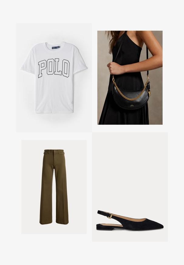 Valge puuvillane t-särk, mille esiküljel on musta äärisega trükk sõna "POLO", lühikesed varrukad ja ümmargune kaelus.; Laiade säärega oliivrohelised püksid vööaugud, eesmine nööp ja lukuga sulgur, kuvatud ühevärvilise tausta ees.; Mustast seemisnahast terava varbaga lõhestuslõhikuga madalate kontsadega tasane sandaal, reguleeritava kuldse pandlaga rihmaga.; Musta kleidiga naine hoiab õlal musta nahast poolkuu kujulist käekotti, millel on kuldne kett ja rihm.