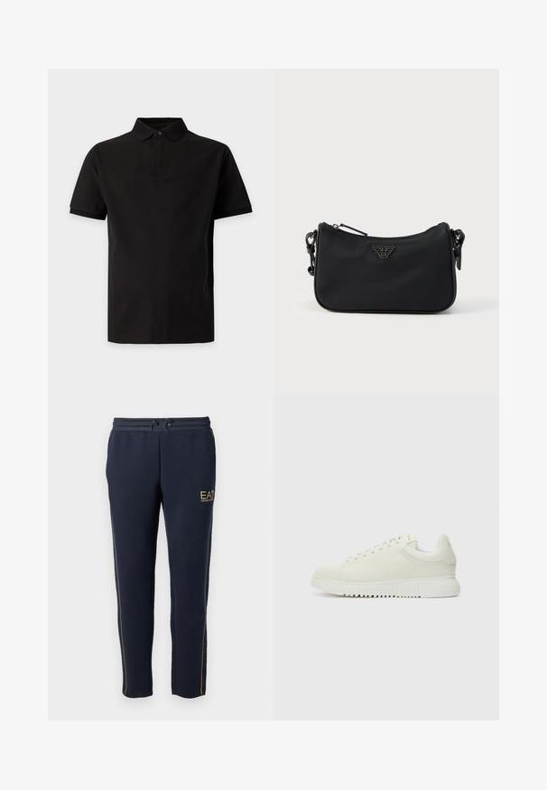 Schwarzes kurzärmeliges Poloshirt mit Kragen und einreihiger Knopfleiste, dargestellt auf schlichtem hellgrauem Hintergrund.; Navy Sweatpants aus weichem Stoff verfügen über einen Kordelzugbund, goldene Akzente und seitliche Streifen, die für Komfort und Vielseitigkeit sorgen.; Weiße Leder-Sneaker mit texturiertem Obermaterial, runder Zehenpartie, flacher weißer Sohle und tonalen Schnürsenkeln. Dezentes Branding auf der Zunge.; Schwarze Schultertasche mit Reißverschluss, verstellbarem Riemen und zentral auf der Vorderseite angebrachtem metallischem Logoemblem.