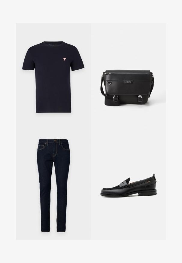 Navyblauwe katoenen T-shirt met een ronde hals en korte mouwen; voorzien van een klein rood driehoeklogo op de linker borst.; Donkerblauwe denim jeans met een slim fit, voorzien van stiksel details, vijf zakken en een knoopsluiting bij de taille.; Zwarte leren loafer met grijs riemdetailelement, lage hak en gestructureerde zool, aan de zijkant gebrandmerkt met "HUGO" in goud.; Zwarte textuur Lacoste schoudertas met verstelbare strap, voormep flap, ritszak en metalen gesp-sluiting.