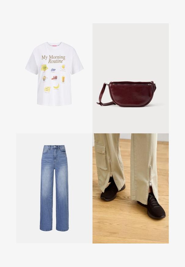 Weißes T-Shirt mit dem Text „My Morning Routine“ und Illustrationen von Toast, Heidelbeeren, Spiegelei, Kaffee, Marmelade, Orangensaft, Butter und Banane.; Hellblaue, weite Jeans aus Denim mit hoher Taille, Knopfverschluss und Vordertaschen. Verfügt über einen ausgewaschenen Look und dezente Waschungen.; Beige weite Hosen mit Reißverschlüssen an den Knöcheln, kombiniert mit schwarzen Sportschuhen mit strukturiertem Obermaterial und gepolsterter Sohle.; Dunkelroter Lederhandtasche in halbmondförmiger Form mit Reißverschluss und abnehmbarem Tragegurt. Glatte Textur mit dezentem Glanz.