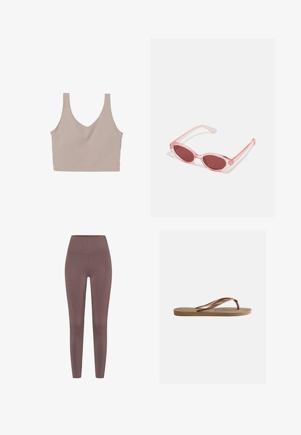 Top sin mangas de escote en V en tejido beige claro con una textura suave, que presenta un bolsillo frontal en el lado izquierdo.; Leggings de cintura alta en un color malva apagado, confeccionados con una tela suave y elástica. Presentan un diseño sin costuras sin piezas metálicas visibles.; Chancla de goma marrón con suela texturizada y tiras en forma de V con la marca, sobre un fondo claro y liso.; Gafas de sol transparentes rosas con lentes ovalados, tinte rojo oscuro y varillas delgadas, con un acabado suave y detalles sutiles en la montura.