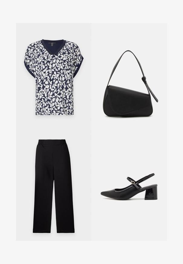 Top de pico en navy blue con un patrón floral blanco, mangas cortas y un corte relajado. Tejido de mezcla de algodón con una ligera textura.; Pantalones de pierna ancha plisados en negro con cintura elástica. El material tiene un acabado texturizado. Sin hardware visible ni patrones.; Tacones slingback de charol negro con punta afilada, un diseño de corte redondeado y tacón bloque. Incluye un detalle de hebilla en tono dorado.; Bolso de mano de cuero negro con forma triangular, tapa en ángulo y un asa superior redondeada. Presenta una textura suave y detalles de diseño minimalistas.